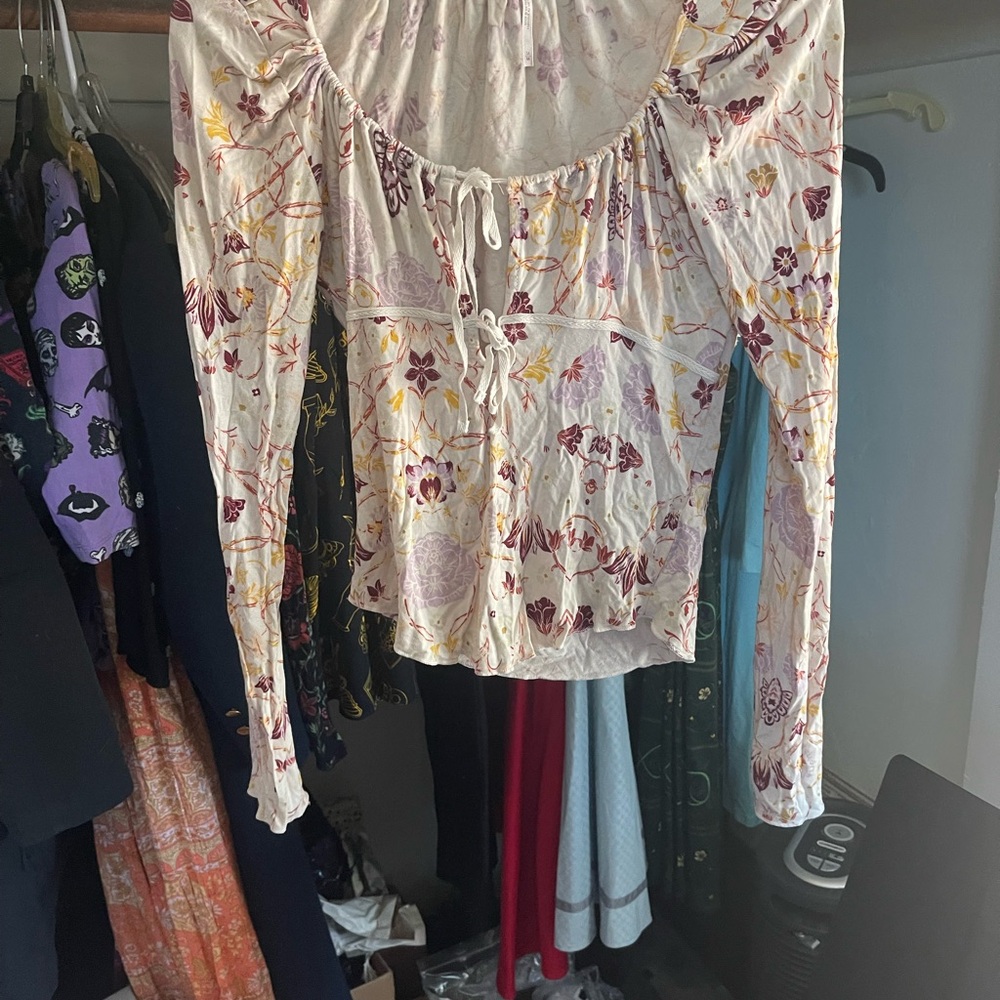 Free People Cream and Purple Floral Blouse